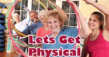 Lets Get Physical. Picture of a group of older males and females exercising with hula hoops.