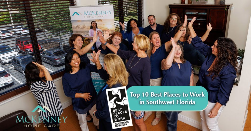 McKenney Home Care received top award for Best Places to Work in Southwest Florida. Staff members are celebrating.