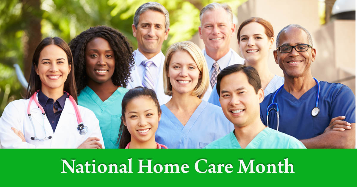 November: National Home Care Month. Picture of a group of home care professionals. A black male and female, asian male and female, 3 caucasian females and 2 caucasian males